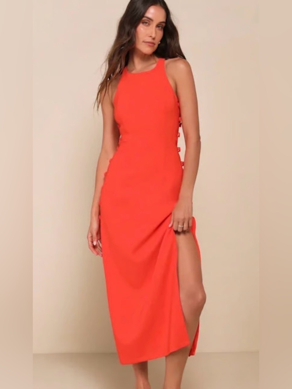 Lulus Masterfully Mod Bright Orange Side Button Dress NWT L